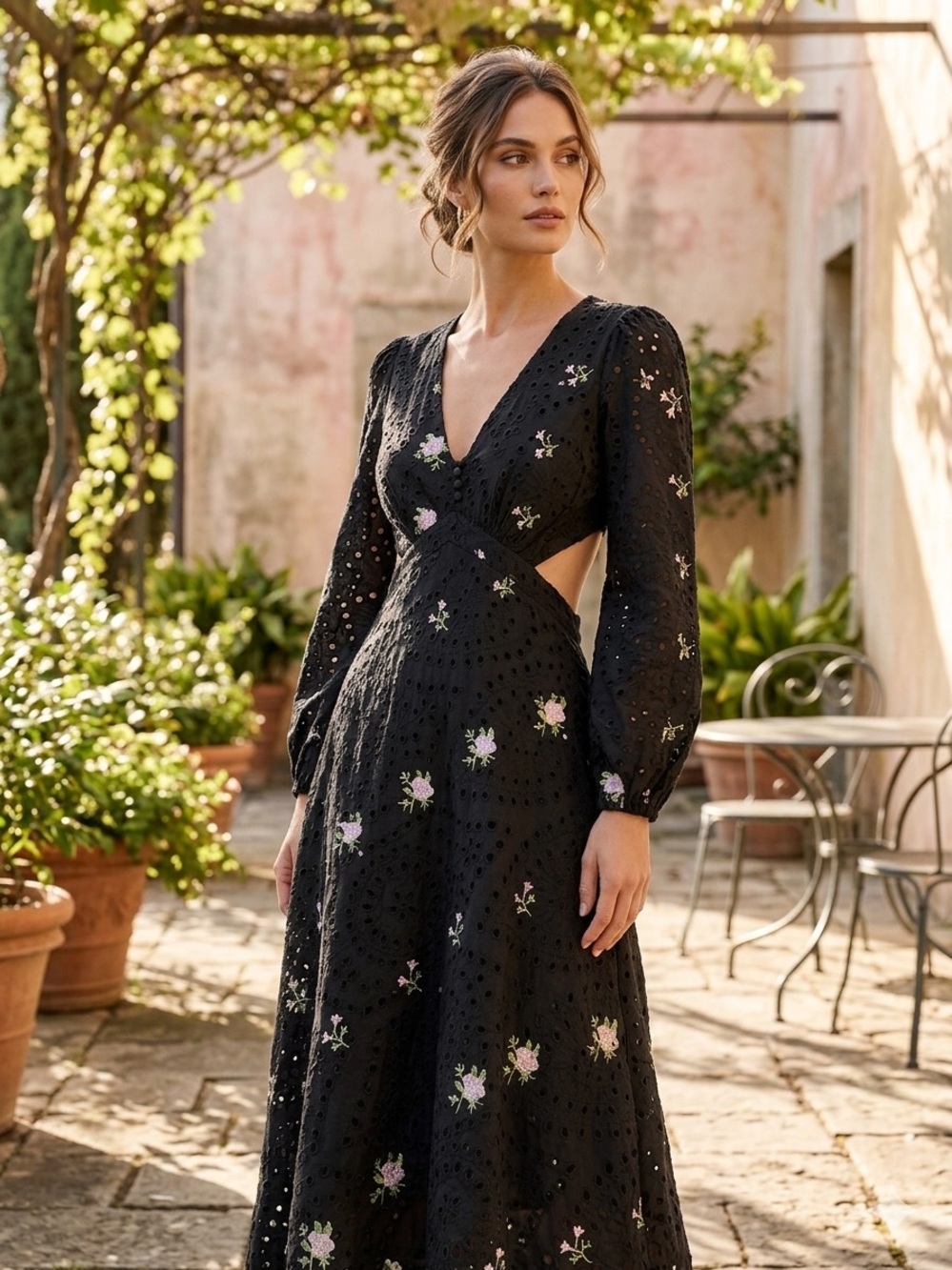 Black Eyelet Floral Cutout Maxi Dress